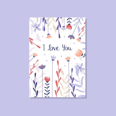 Yazıt ile romantik tebrik kartı, Sevgililer günü, yıldönümü, davet vektör çizim, zarif tasarım öğesi dekoratif çiçeklerle trendy kartpostal seniseviyorum