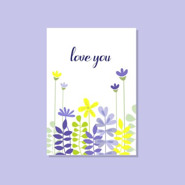 Trendy şık kartpostal vektör çizim, tasarım öğesi dekoratif çiçeklerle aşk romantik tebrik kartı yazıt ile