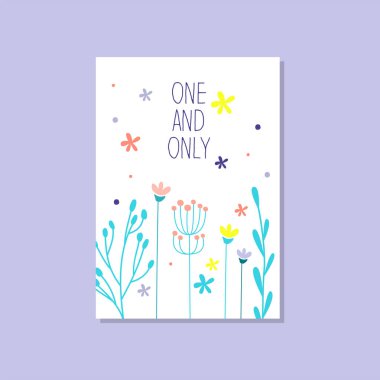 Vektör çizim, tasarım öğesi dekoratif çiçeklerle bir yazıt ile romantik tebrik kartı ve tek, trendy şık kartpostal