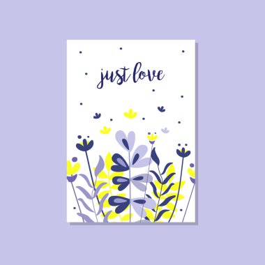 Yazıt ile romantik tebrik kartı sadece seviyorum, trendy şık kartpostal vektör çizim, tasarım öğesi dekoratif çiçeklerle