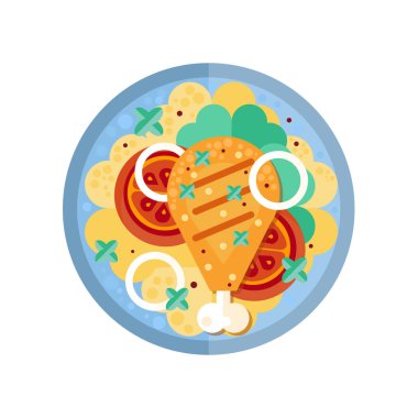 Kızarmış tavuk budu garnitür vektör çizim üzerinde beyaz bir arka plan ile tabakta