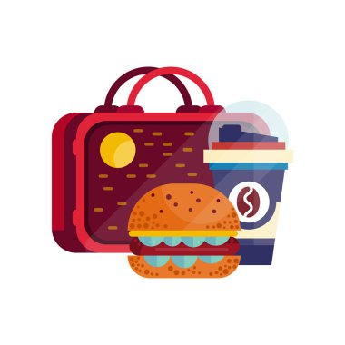 Hamburger yemek çanta ve kahve, çocuklar ve öğrenciler, çocuklar öğle vakti için sağlıklı gıda üzerinde beyaz bir arka plan illüstrasyon vektör