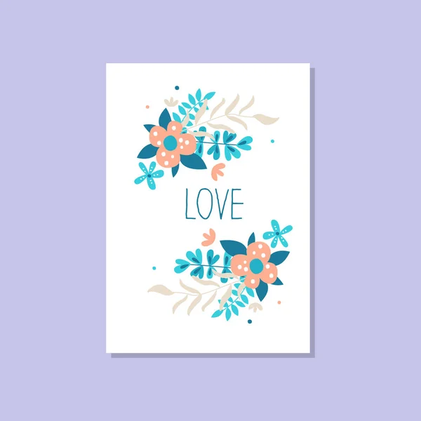 Romantische Grußkarte mit der Aufschrift Liebe, trendy elegante Postkartenvektorillustration, Designelement mit dekorativen Blumen — Stockvektor
