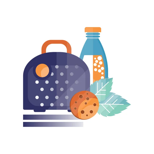 Lunch-väska med coocie och flaska juice, hälsosam mat för barn och elever, barn lunchtid vektor Illustration på vit bakgrund — Stock vektor