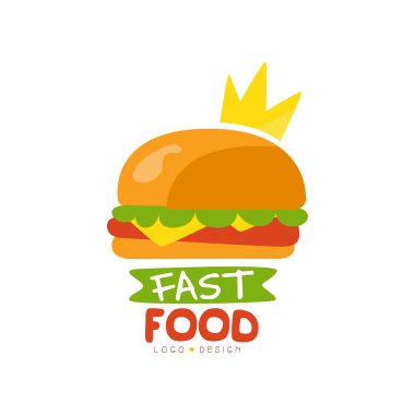 Fast food logo tasarımı, taç, fast food menü vektör çizim beyaz bir arka plan ile burger işareti