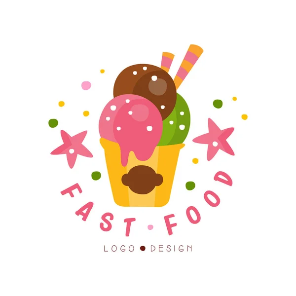 Design des Fast-Food-Logos, Abzeichen mit Eisschild, Vektordarstellung für Fast-Food-Menüs auf weißem Hintergrund — Stockvektor