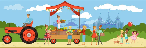 Farmers market, woman standing behind counter with fresh homemade farm products at sunny summer day, horizontal vector Ilustración , — Vector de stock
