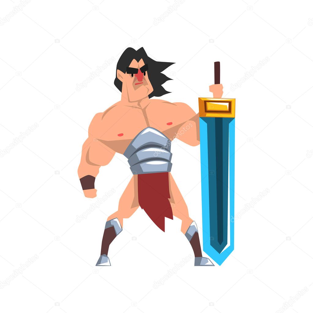 Powerful hero with luminous sword, fantasy character vector Illustration on a white background