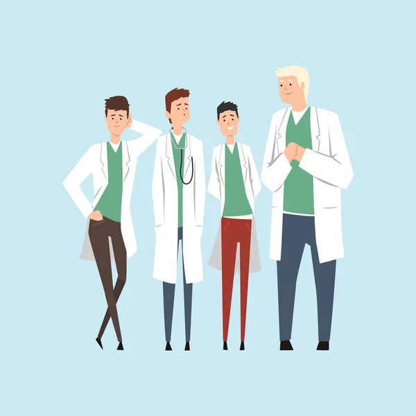 Glimlachend team van artsen, vector ziekenhuis werknemers permanent samen illustratie op een licht blauwe achtergrond — Stockvector