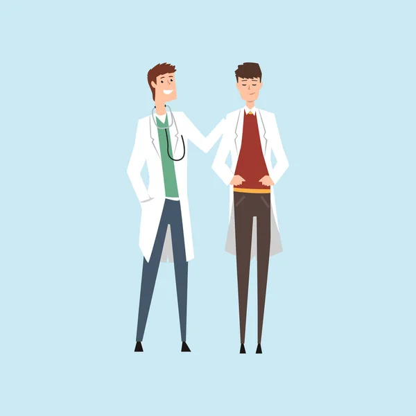 Dos sonrientes médicos varones personajes, trabajadores del hospital de pie juntos vector Ilustración sobre un fondo azul claro — Archivo Imágenes Vectoriales