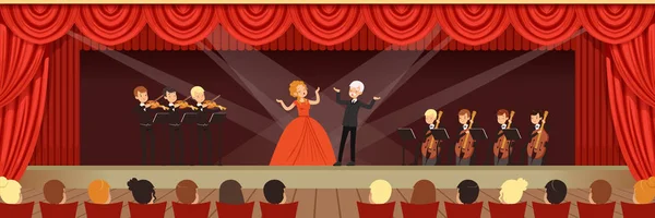 Cantantes de ópera cantando en el escenario con orquesta sinfónica ante el público vector horizontal Ilustración — Archivo Imágenes Vectoriales