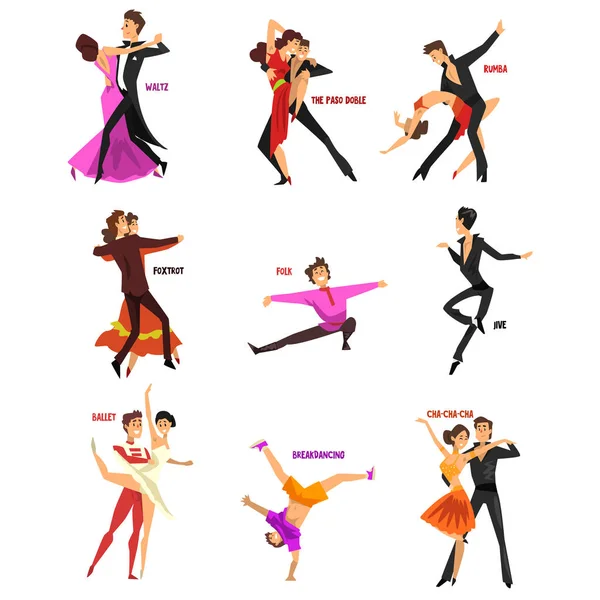 Bailarín profesional bailando, hombre y mujer jóvenes vestidos con ropa elegante realizando bailes vectoriales Ilustraciones sobre fondo blanco — Archivo Imágenes Vectoriales