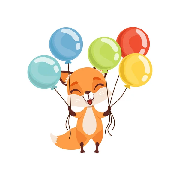 Glücklich Fuchs Charakter hält Bündel von bunten Luftballons, lustige Waldtier Vektor Illustration auf weißem Hintergrund — Stockvektor