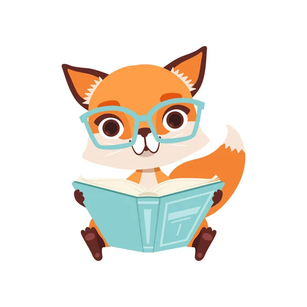 Cute clever fox character sitting and reading a book, funny forest animal vector Illustration on a white background — Stock Vector