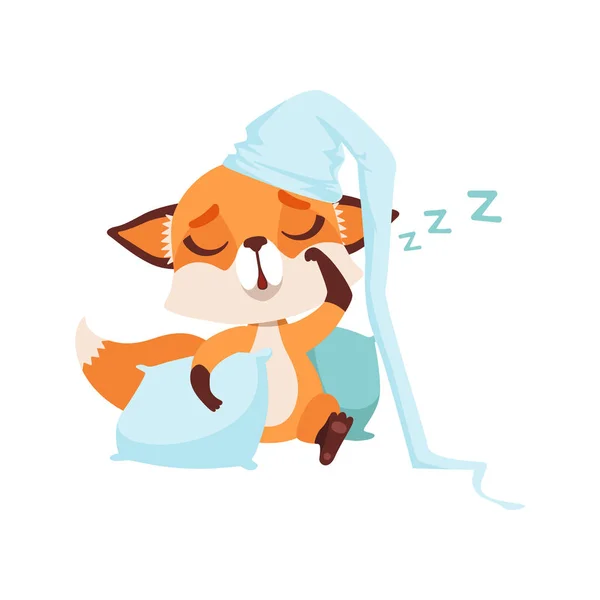 Rubah lucu karakter mengenakan topi tidur di bantal, lucu hewan hutan vektor Illustration pada latar belakang putih - Stok Vektor