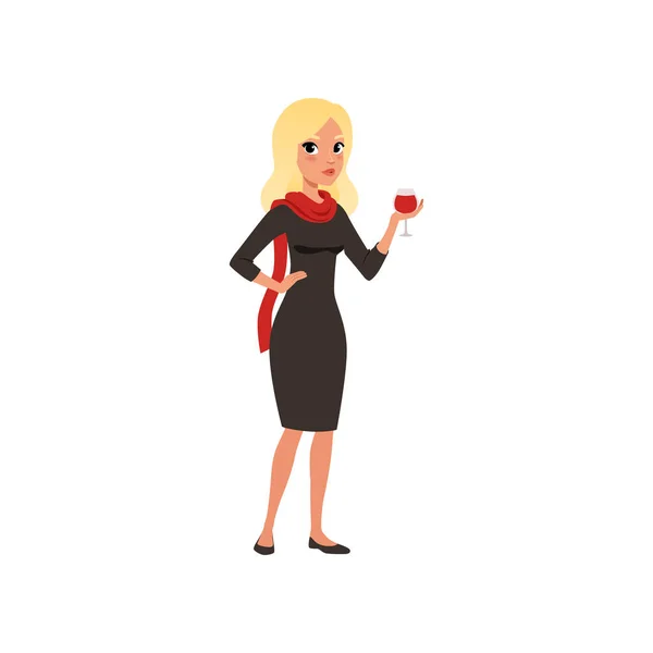 Beautiful woman character in black dress holding glass of wine, girl dressed in Parisian style vector Illustration on a white background — Stock Vector