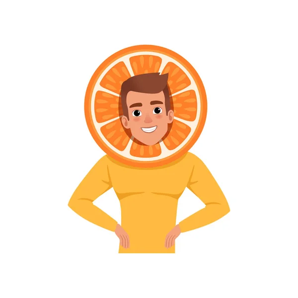 Personagem de homem sorridente em vetor de headwear de frutas laranja Ilustração em um fundo branco — Vetor de Stock