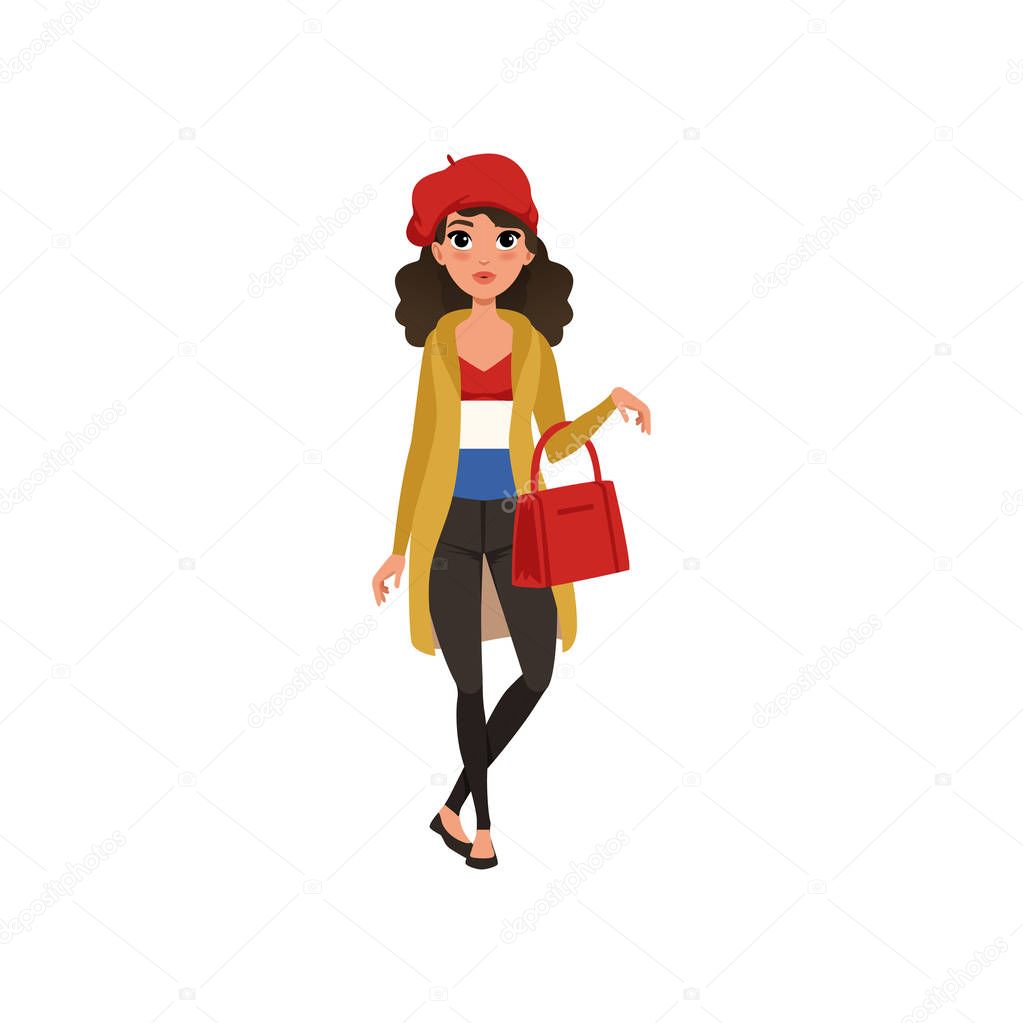 Beautiful brunette woman character dressed in Parisian style vector Illustration on a white background