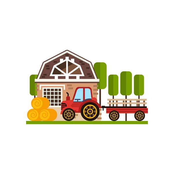 Ve venkovské chalupě a traktoru, zemědělské budovy, venkov výstavba vektorové ilustrace na bílém pozadí — Stockový vektor