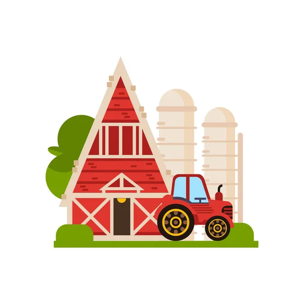 Tradicional celeiro vermelho, silo e trator, edifícios agrícolas, ountryside vetor de construção Ilustrações sobre um fundo branco — Vetor de Stock