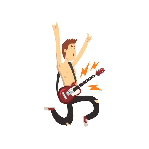 Hombre divertido en acción de salto con guitarra eléctrica. Personaje de dibujos animados de joven músico. Un tipo vestido con pantalones negros rasgados. Guitarrista de la banda de rock. Diseño de vector plano — Vector de stock