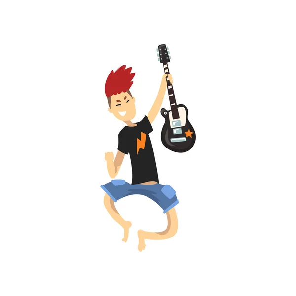 Young guitarist of rock band in jumping action. Guy with crazy hair wearing blue shorts and black t-shirt. Cartoon kid character with electric guitar. Flat vector design — Stock Vector