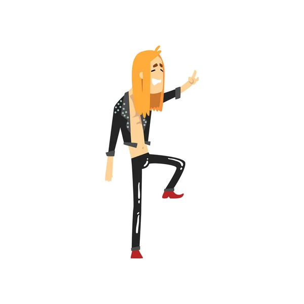 Músico con el pelo largo mostrando una señal de roca. Miembro de la banda de metal. Personaje joven de dibujos animados vestido con chaqueta de cuero negro y pantalones. Diseño de vector plano — Archivo Imágenes Vectoriales