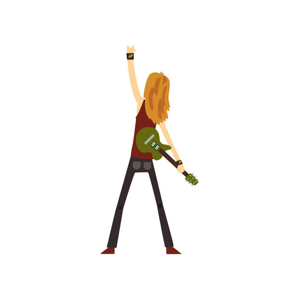 Rocker with long hair standing with green electric guitar and showing rock sign, back view. Musician on stage. Cartoon man in pants and shirt. Flat vector design
