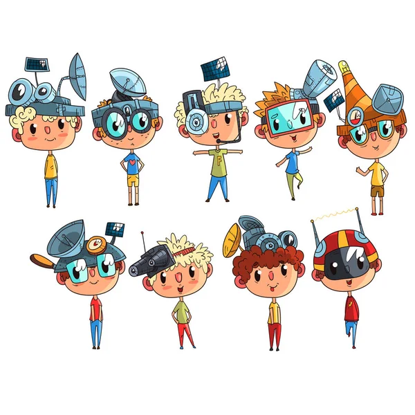 Cute scientist children working on physics science experiment set, funny boy in fantastic headdress with antennas vector Illustrations on a white background Royalty Free Stock Vectors