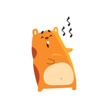 Sevimli çizgi hamster karakter şarkı şarkı, komik kahverengi kemirgen hayvan evde beslenen hayvan vektör çizim beyaz bir arka plan üzerinde