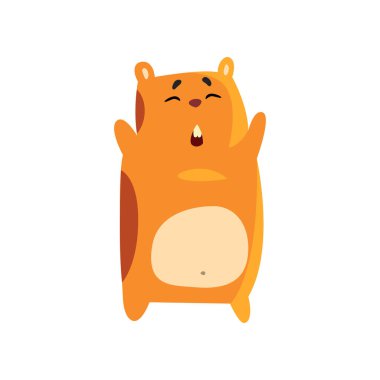 Sevimli komik çizgi hamster karakter ile ayakta pençeleri, kahverengi kemirgen hayvan evde beslenen hayvan vektör çizim beyaz zemin üzerine kaldırdı