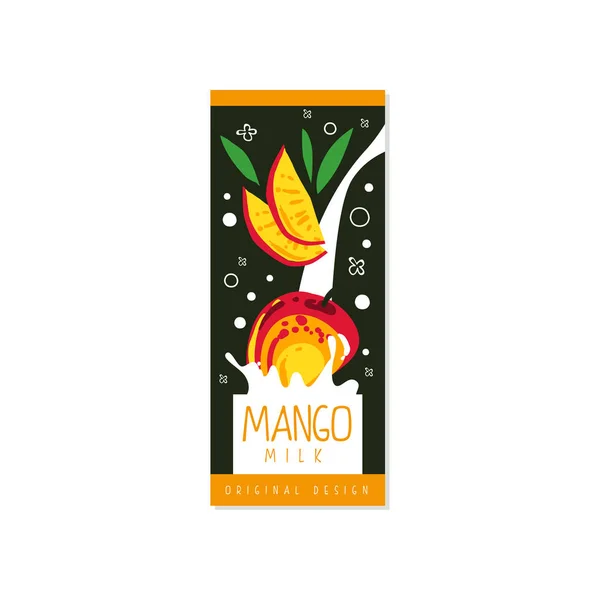 Logotipo de leite de manga design original, rótulo para produtos lácteos saudáveis naturais com vetor de frutas frescas Ilustração —  Vetores de Stock