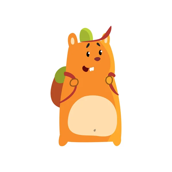 Lindo personaje de hámster de dibujos animados de pie con mochila, divertido roedor marrón animal mascota vector Ilustración sobre un fondo blanco — Vector de stock