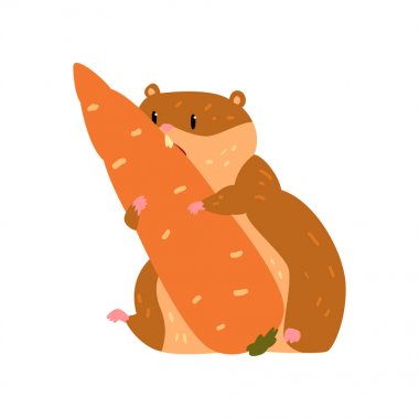 Sevimli çizgi hamster karakter havuç, komik kahverengi kemirgen hayvan evde beslenen hayvan vektör çizim beyaz bir arka plan üzerinde yemek