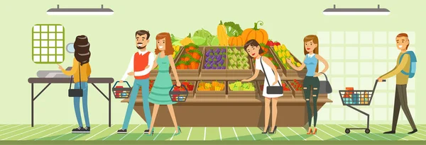 Clientes personas bying productos en el supermercado, tienda estantes con verduras frescas, diseño interior del supermercado vector horizontal Ilustración — Archivo Imágenes Vectoriales