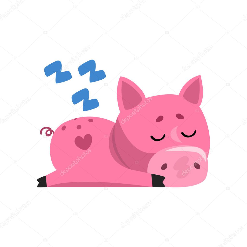 Pink funny cartoon pig sleeping, cute little piggy character vector Illustration on a white background