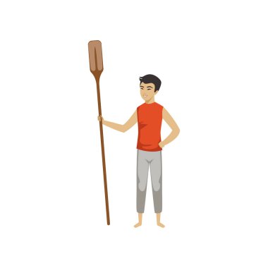 Chinese man standing and holding wooden oar, Chinese Boat Festival vector Illustration on a white background clipart