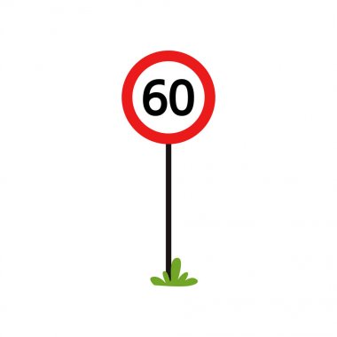 Kırmızı yuvarlak işareti ile sayı 60 - maksimum hız sınırını gösterir. Trafik kuralları, mobil uygulaması veya Infographic poster kitabı için düz vektör tasarımı