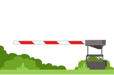 Çizgili otomatik iner kalkar parmaklığı trafik-den geçerek demiryolu geçişi engeller. Zemin üzerine yeşil çalılar. Infographic, mobil uygulaması, eğitim kitap için düz vektör öğesi