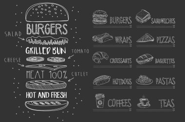 Cafe menü siyah kara tahta üzerinde. Burger malzemeler ve metin. Tatlı, şal, kruvasan, sosisli sandviç, kahve, sandviç, pizza, baget, makarna, çay, taslak. El çekilmiş vektör tasarımı
