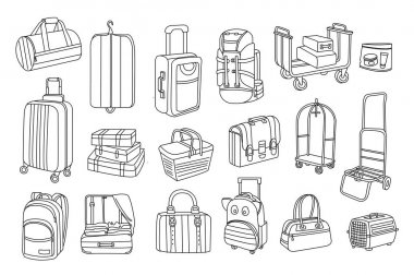 El çantaları ve bagaj arabaları çizimi çekilmiş. Bavul tekerlekleri, evde beslenen hayvan konteyner, piknik sepeti, sırt çantası, evrak çantası, çanta üzerinde. Vektör çizimleri kümesi