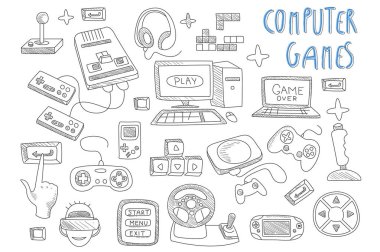 Bilgisayar oyunları ile ilgili doodle vektör simgeler kümesi. Joystick, oyun denetleyicileri, bilgisayar ve dizüstü bilgisayar. Sanal gerçeklik bardaklarda Oyun. Elektronik cihazlar