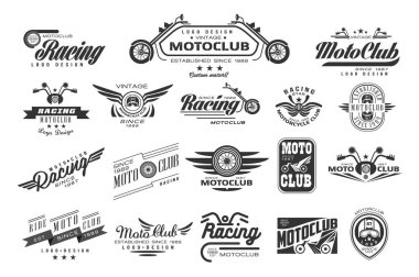 Vektör set orijinal bisikletçileri Amblemler. Vintage logo tasarımı. Motor kulübünden için tek renkli etiket. Tipografi öğeleri rozeti için t-shirt baskı, poster