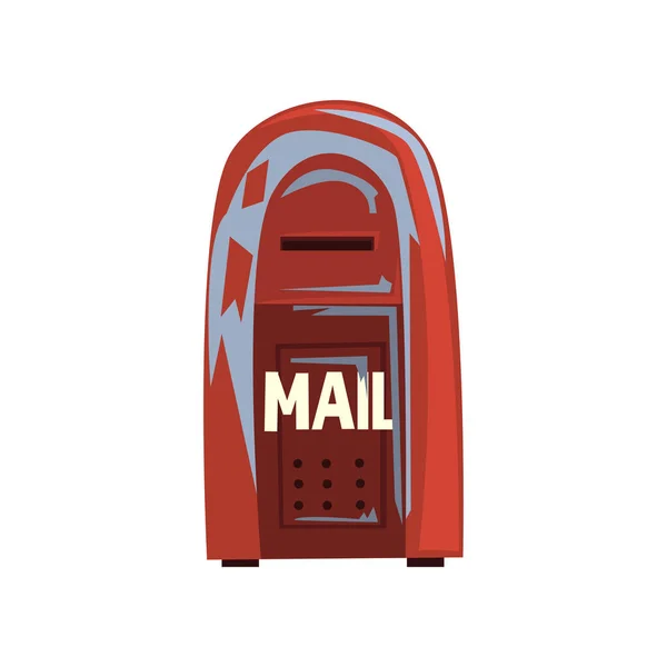 Icona in stile cartone animato della vecchia casella di posta squallida. Postbox metallico appeso rosso. Firma per le persone concetto di comunicazione. Design vettoriale piatto per sito web o app mobile — Vettoriale Stock