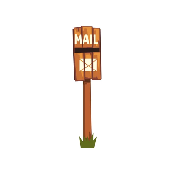 Gammal trä postlåda stående på bit av grönt gräs. Tecknad ikon brun postbox på pole gjorda av trä. Framifrån. Flat vektor design för webbplatsen — Stock vektor