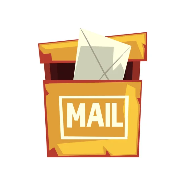 Cartoon afbeelding van shabby postvak met brief envelop. Oude gele opknoping postbox. Kleurrijke platte vector design voor website of mobiele app — Stockvector