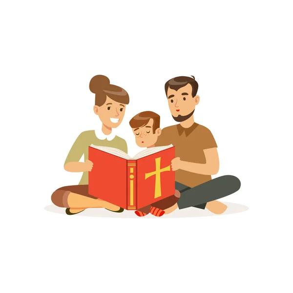Mor, far och son som sitter på golvet och läsa heliga bok. Religiös familj. Föräldrar och barn. Seriefigurer kristna människor. Flat vektor design — Stock vektor