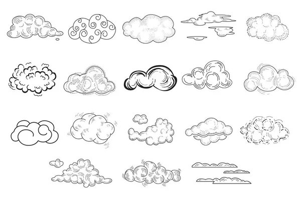 Set of comic hand drawn clouds of different shapes. Doodles sketches for your design. Thin line vector icons for decoration. Isolated monochrome illustration — Stock Vector