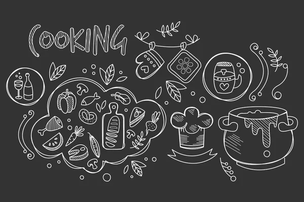 手には、調理食材や料理の準備のための台所用品のベクターが描画されます。食べ物や飲み物。料理のテーマ。レシピ本の装飾的な要素。トレンディなスケッチ スタイル — ストックベクタ