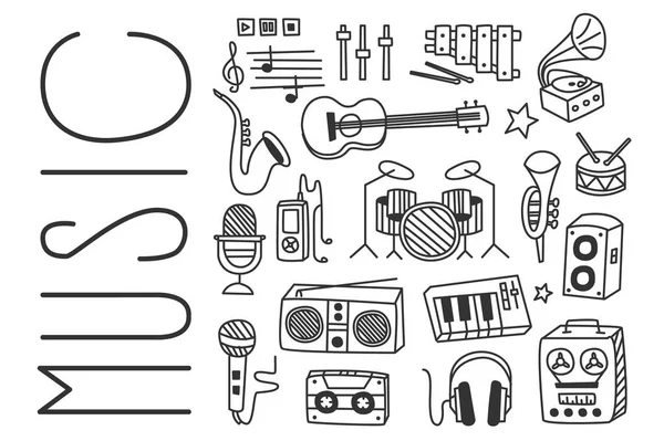 다양 한 악기, 마이크, 라디오 수신기, 플레이어, 녹음기, 스피커의 그려진된 벡터 디자인 손, 재생 버튼과 음악 노트. 스케치 아이콘 세트 — 스톡 벡터
